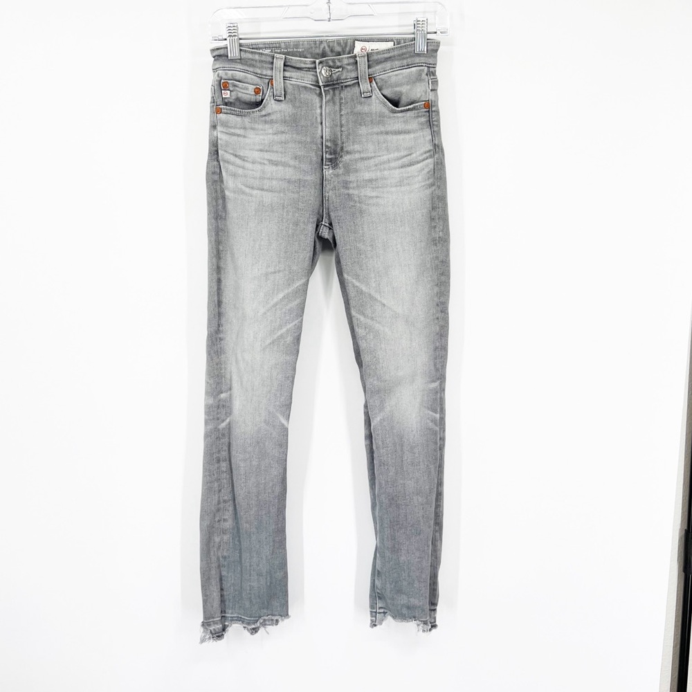 AG Adriano Goldschmied Mari Crop High Rise Slim Straight Jeans Gray Chewed Hem